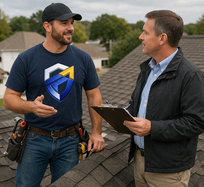 Storm Warden contractor talking with an insurance adjuster