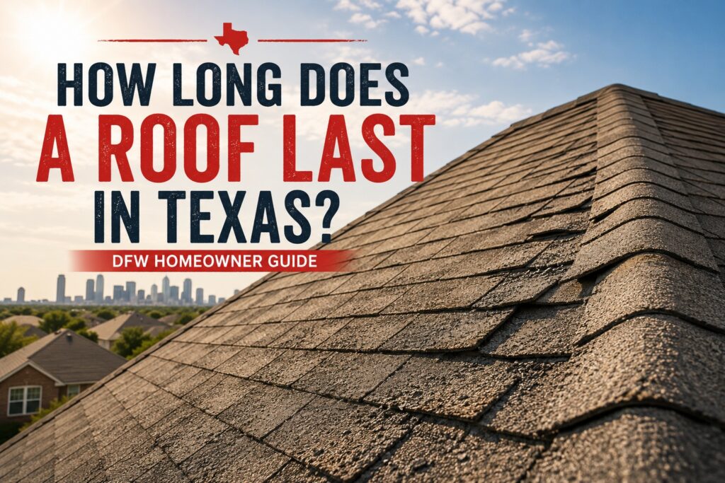Aging asphalt shingle roof in Texas sunlight