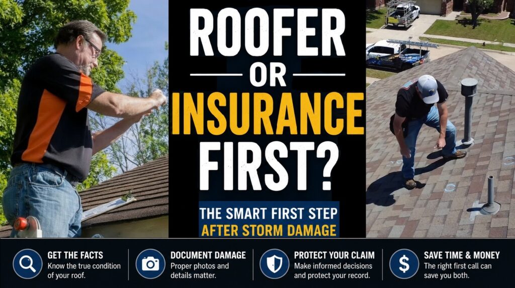 Texas homeowner discussing storm damage roof inspection with roofer